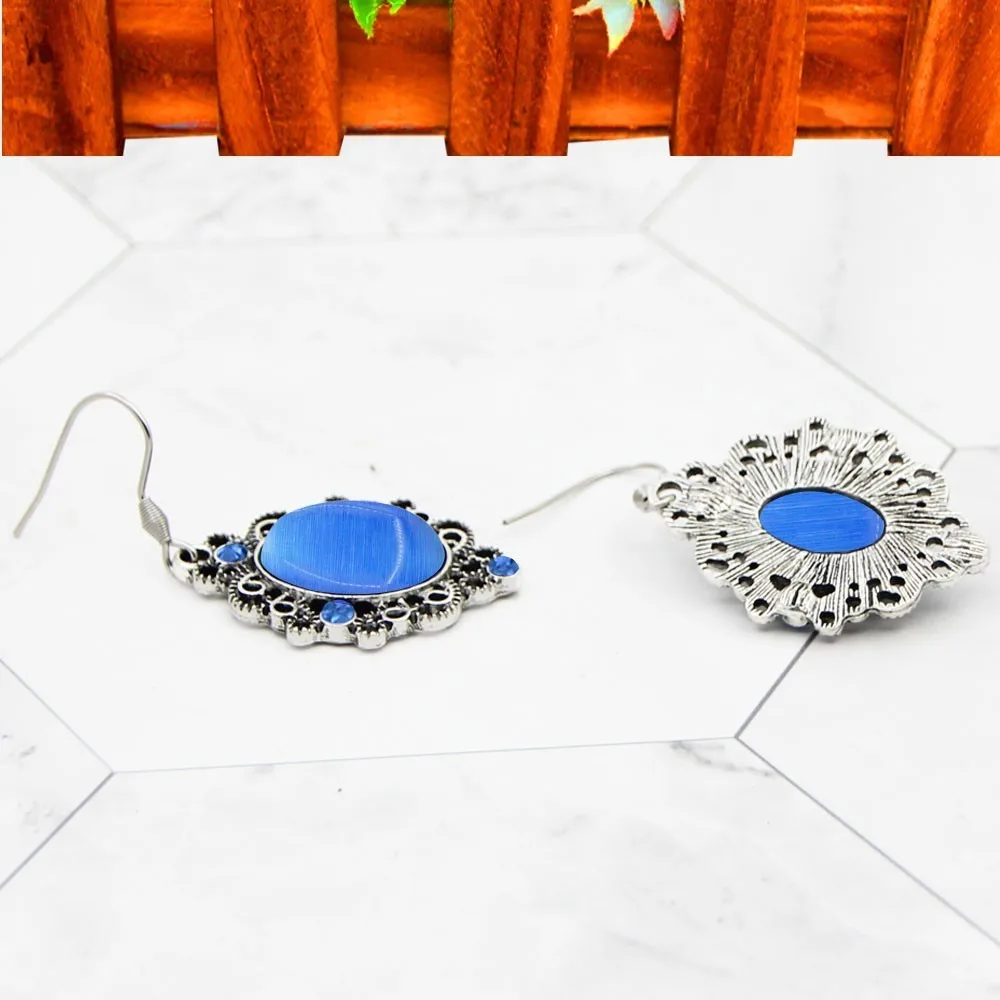 Oval Opal Vintage Jewelry Set Crystal Necklace Earrings Hollow Flower Antique Silver Plated Fashion TS468 | Украшения и