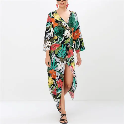 Для женщин Boho Цветочные коктейвечерние льное вечернее разделение Длинные платье