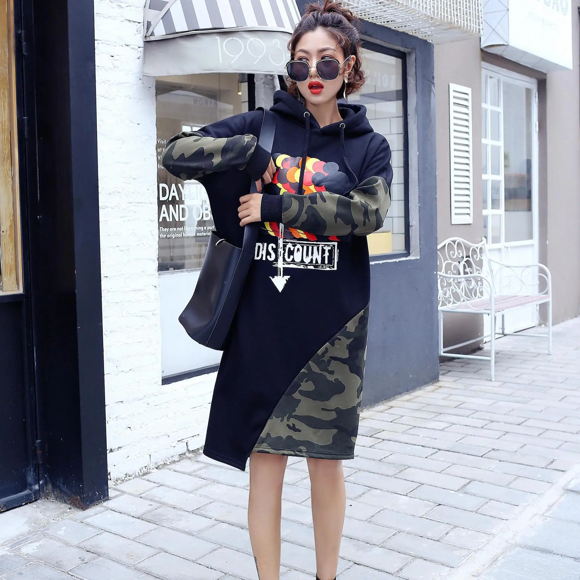 Vefadisa Pattern Print Hooded Sweatshirt Women Black Camouflage Patchwork Sweatshirts Irregular Pullover Long ZLD379 | Женская одежда