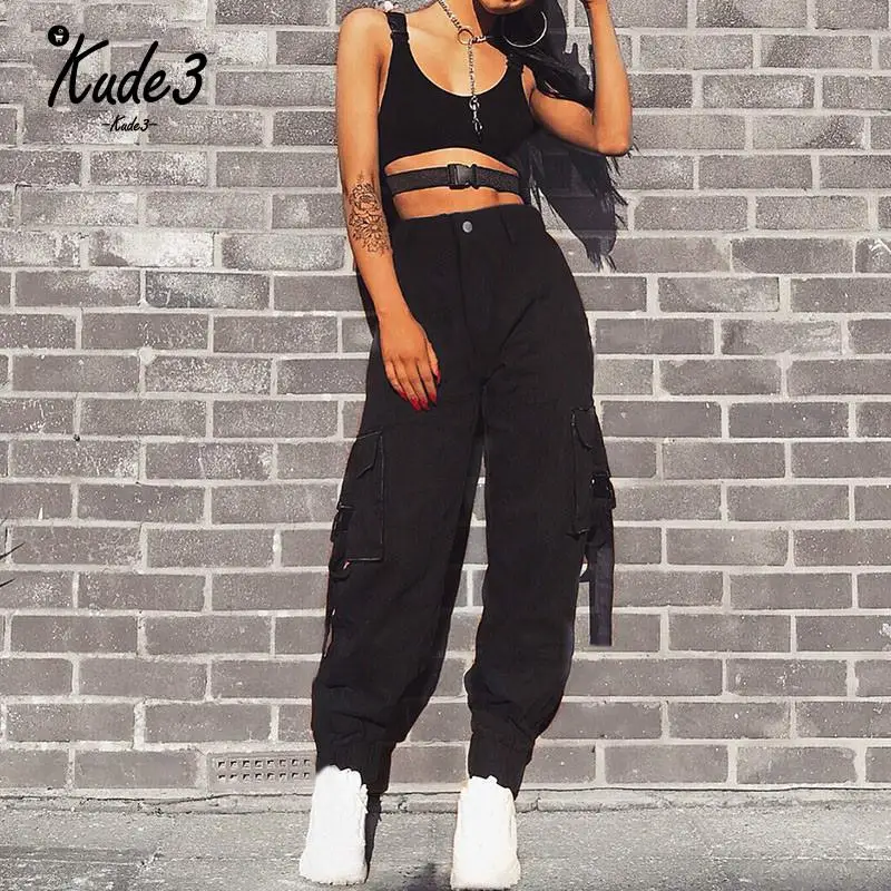 Черные женские брюки-карго с высокой талией лоскутные свободные уличные