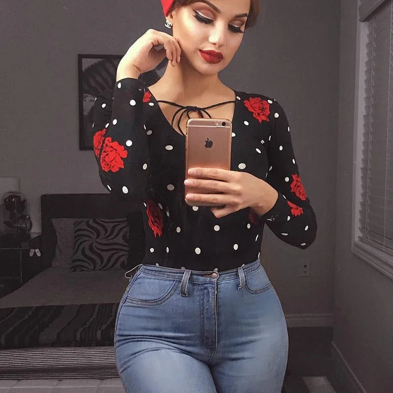 Черный боди с принтом Для женщин 2018 сезон: весна–лето круглым вырезом в горох