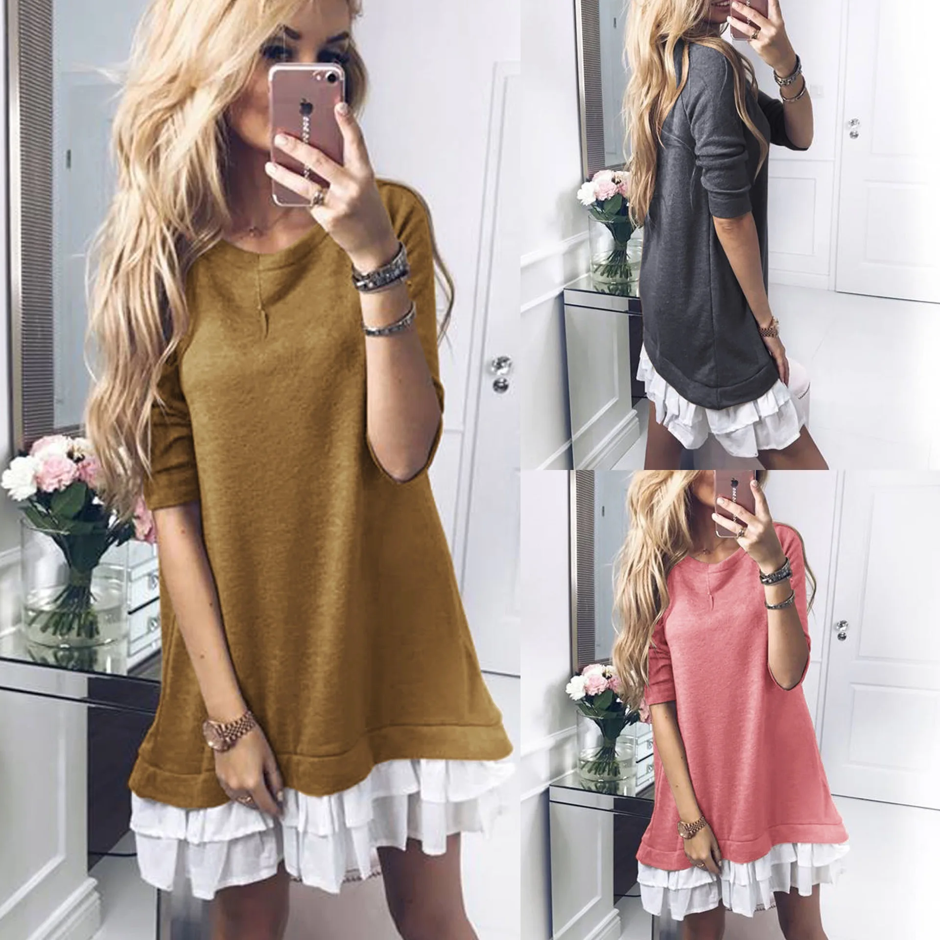 2018 осень и зима новое платье женское с длинным рукавом нарезанное милое ветровое