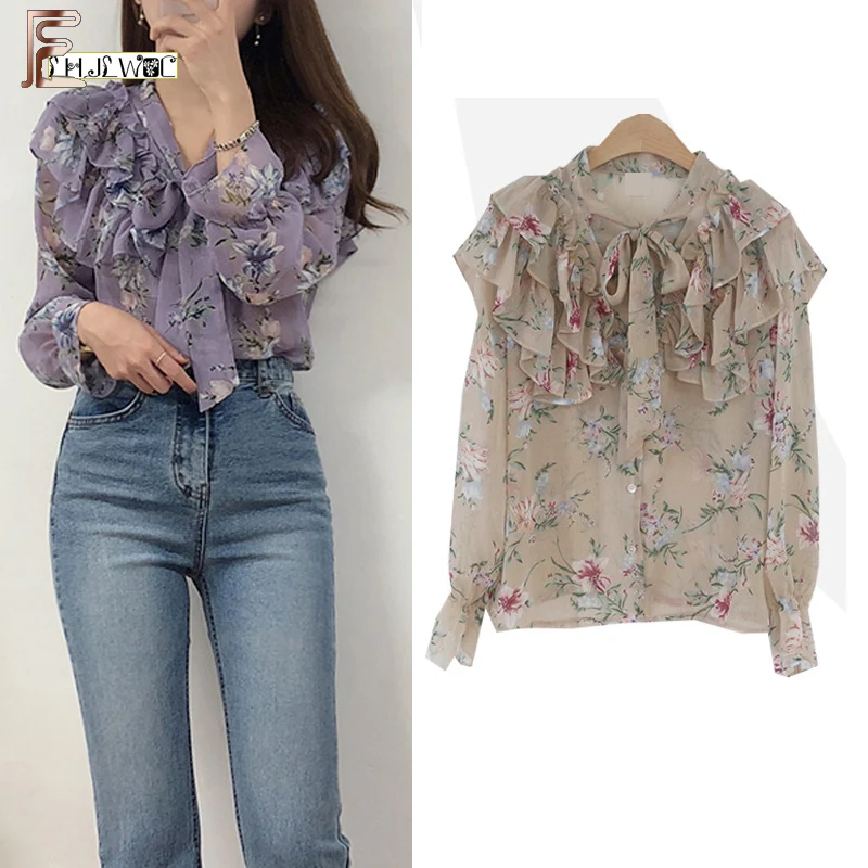 Женская винтажная блузка с бантом фиолетовая в Корейском стиле цветочным