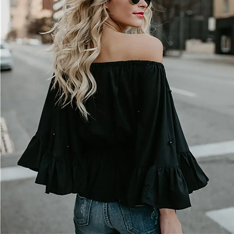 Summer Women Large Size Beaded Elastic Off-the-shoulder T-shirt Trumpet Sleeve Loose Slash Neck Casual | Женская одежда