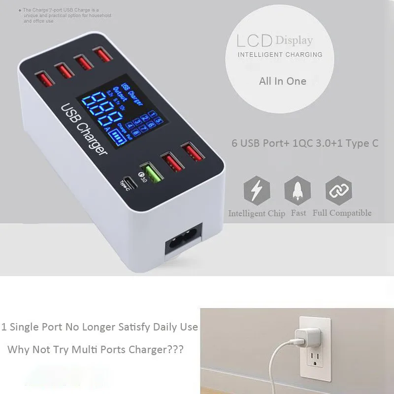 QC3.0 с ЖК дисплеем USB зарядное устройство для iPhone X 8 7 iPad рабочего стола настенное