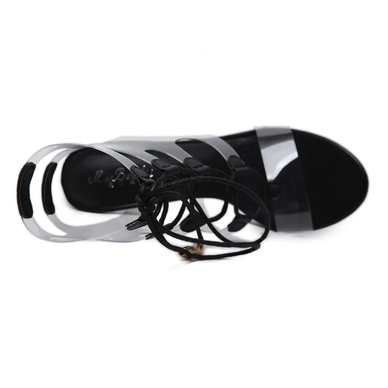 spesifikasi 2019 Musim Panas Fashion Wanita Sepatu Bertumit Tinggi PVC Transparan Terbuka Toe Roman Tali Tipis Sabuk Kombinasi Sandal