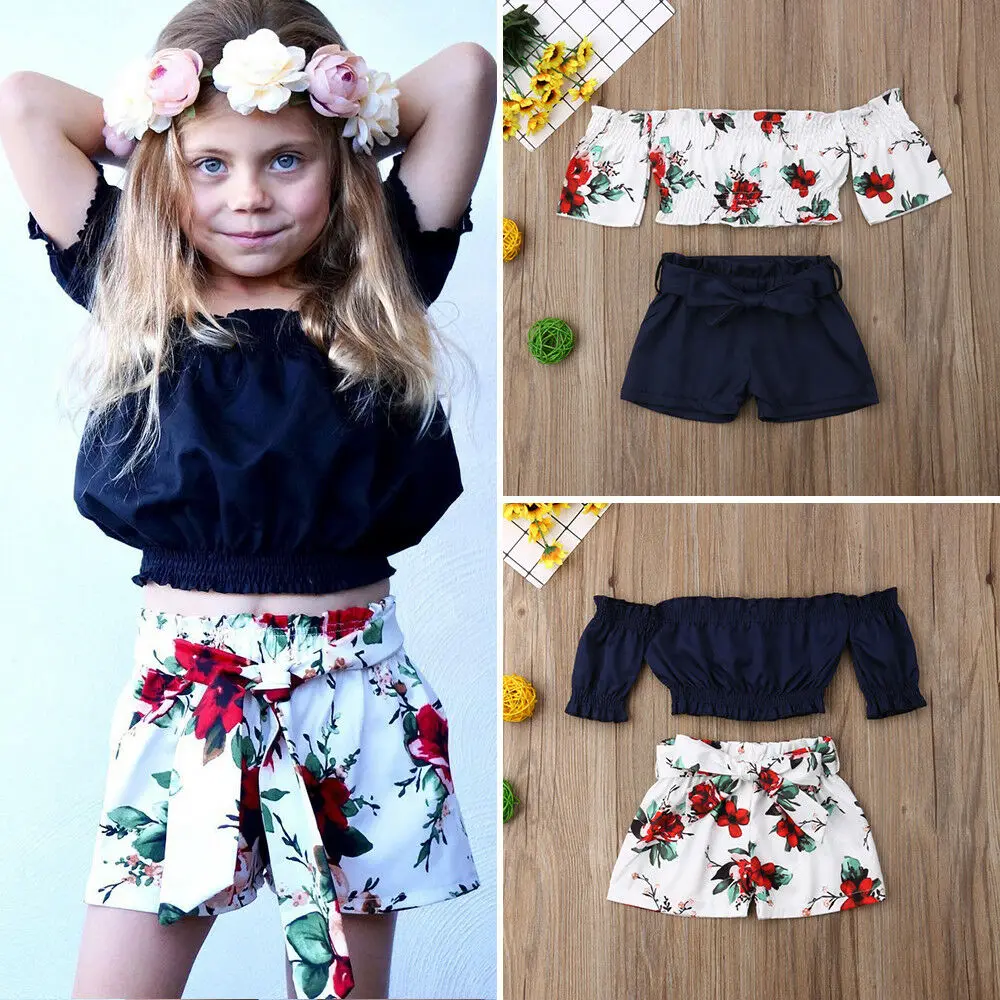 Fashion Summer Toddler Girls Clothes Flower Print Off Shoulder Crop Tops+ Bow Shorts 2pcs Infant Kids Child Outfits Sunsuit | Детская
