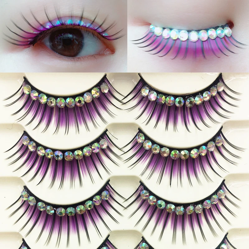 

YOKPN New Fashion Purple Exaggerated False Eyelashes Performance Thick Show Makeup Fake Eyelashes Handmade Lashes 5 Pairs 1 Box