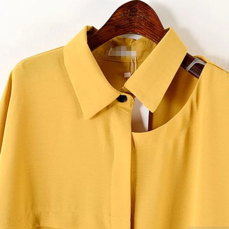 2019 весна лето новый шаблон с отворотом короткий рукав сплошной асимметричный