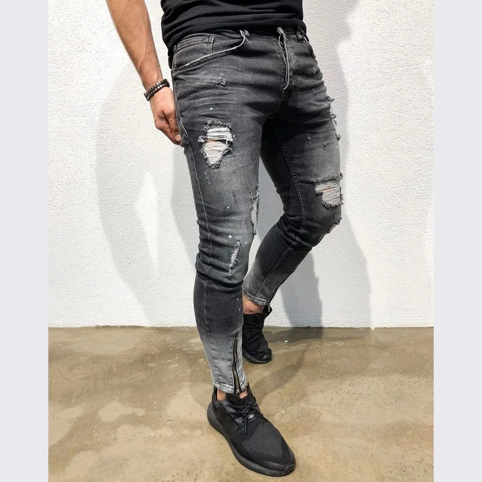 Moomphya 2019 New Distressed holes skinny jeans men Streetwear hip hop ripped for Black biker | Мужская одежда