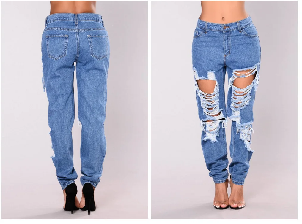 2018 модные женские узкие длинные джинсы стрейч джинсовые штаны рваные