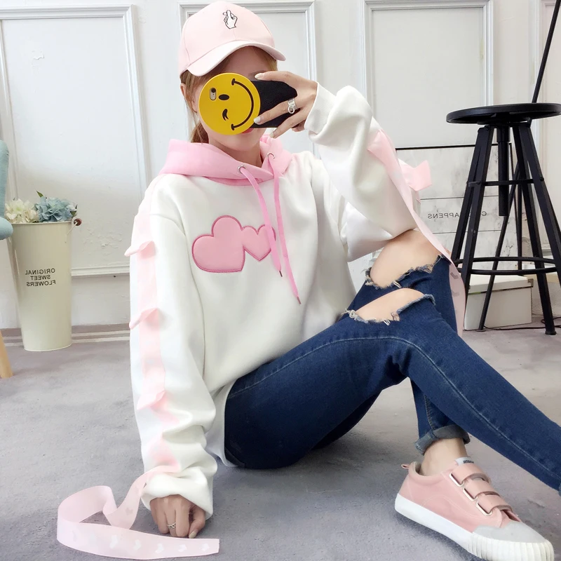Женская толстовка с вышивкой в виде сердечек Harajuku очень Длинная лентами ярких