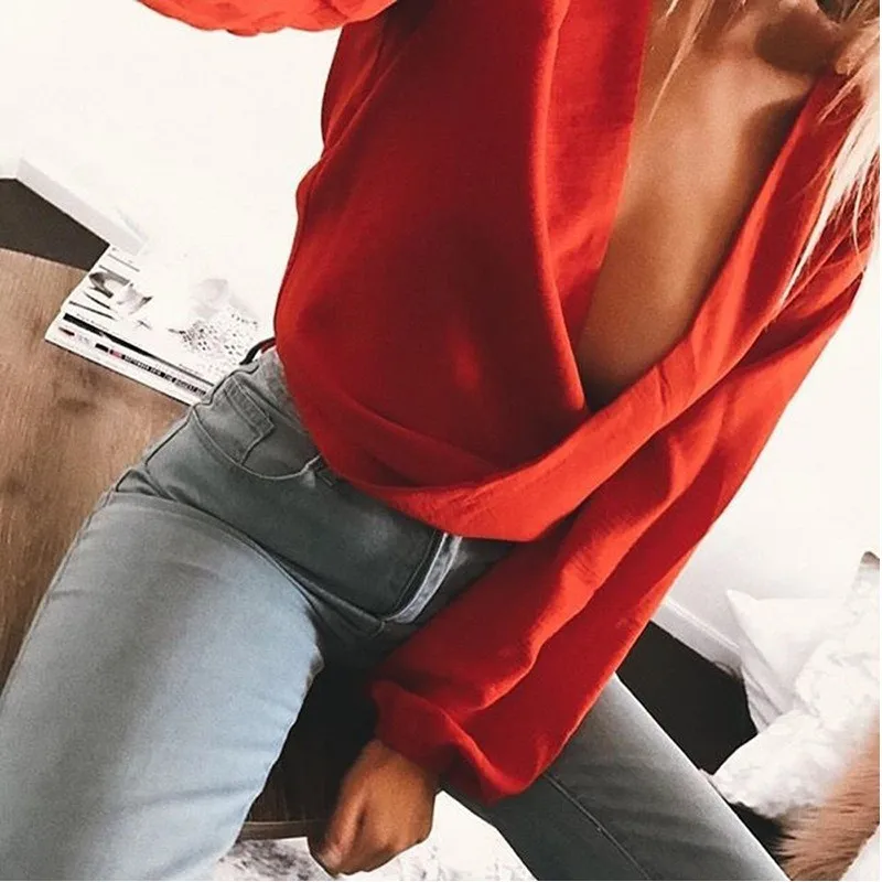 Осенняя футболка женская Женская Повседневная Сексуальная с v образным вырезом и