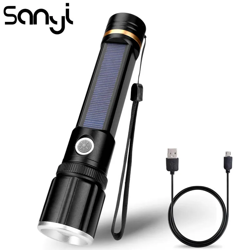 Фонарик SANYI с 3 режимами зарядка от солнечной батареи или USB рабочее освещение со