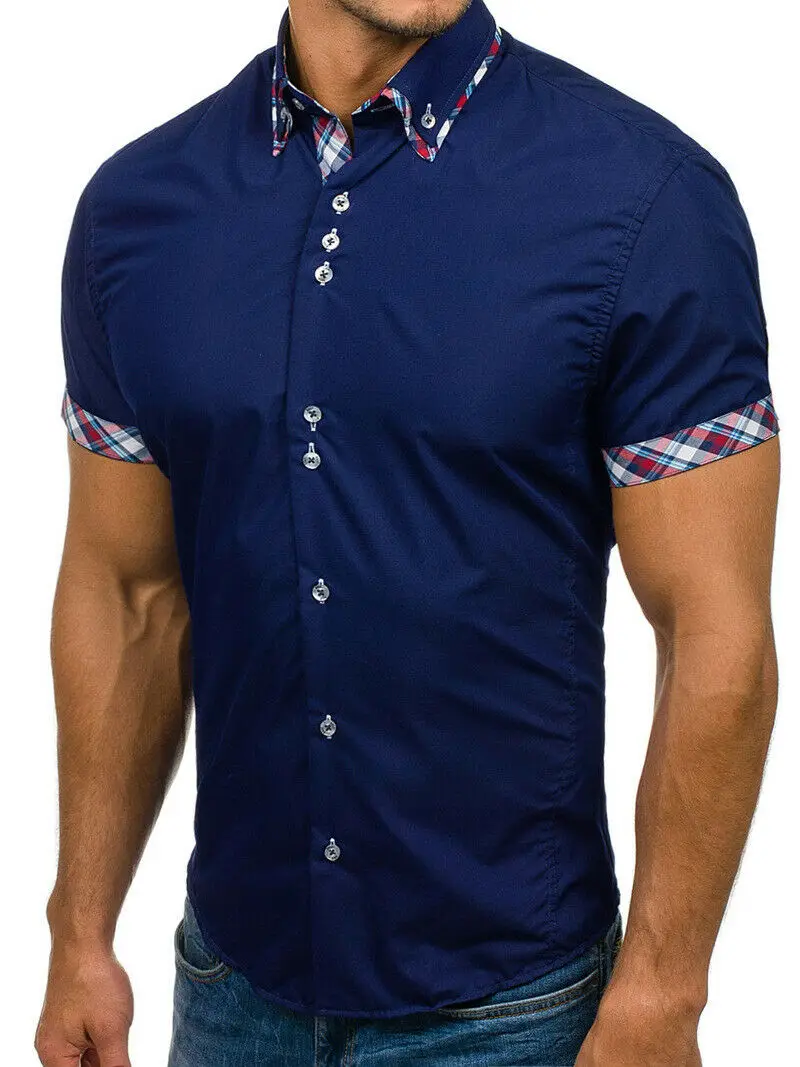 2019 New Style Fashion Hot Men's Slim Fit Short Sleeve Patchwork Casual Shirt Tops Button Muscle Tees | Мужская одежда