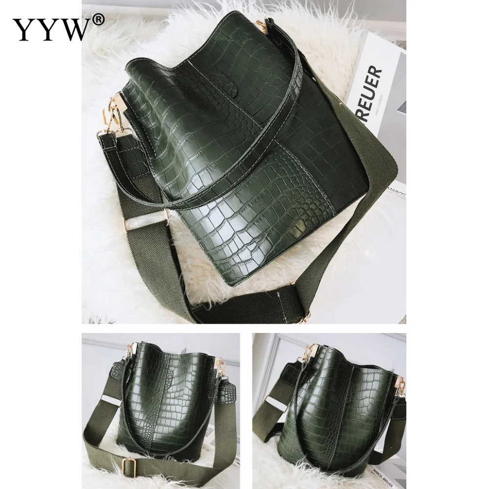 

green Large Capacity Bucket Bag Women Crocodile Grain Handbag Torebki Damskie Female Shoulder Bags Black Pu Leather Women'S Bag