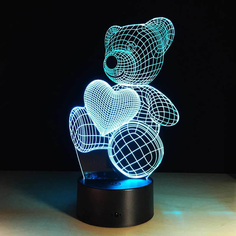Cartoon Cute Heart Bear Hold Shape Acrylic LED Lamp 3D Night Light For baby children Sleeping Lighting | Лампы и освещение