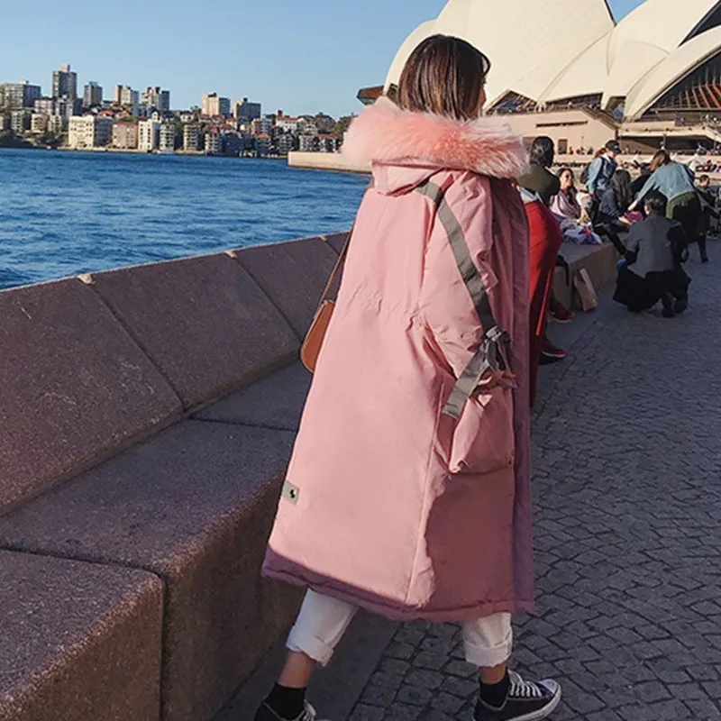 Куртка женская розовая с капюшоном меховым воротником размера плюс пуха |