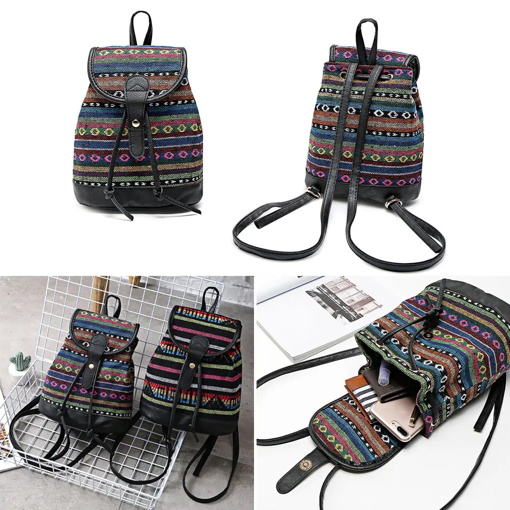 Guapabien женщины Drawstring Hasp этнический стиль холст PU Кожа Лоскутное Рюкзак|Женские