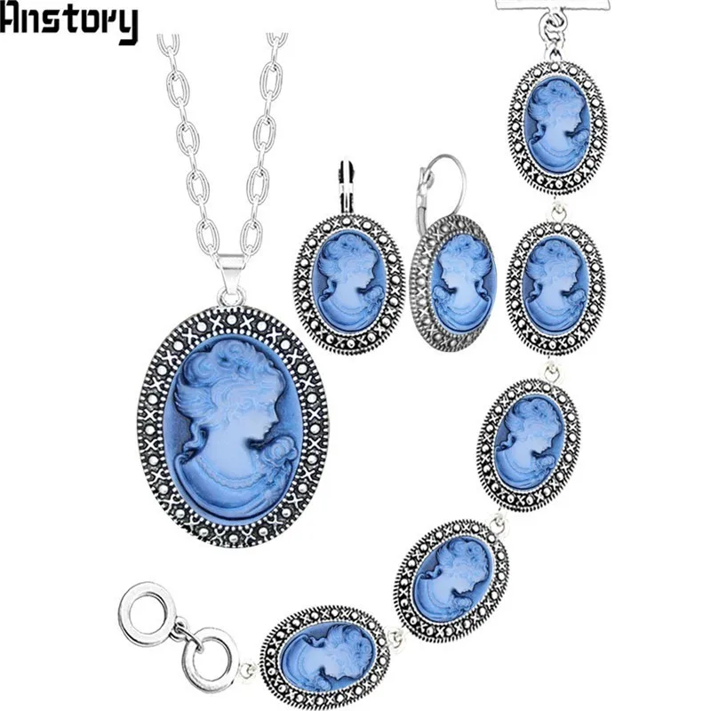 Oval Lady Queen Cameo Jewelry Set Antique Silver Plated Necklace Earrings Bracelet Fashion TS419|Ювелирные наборы| |