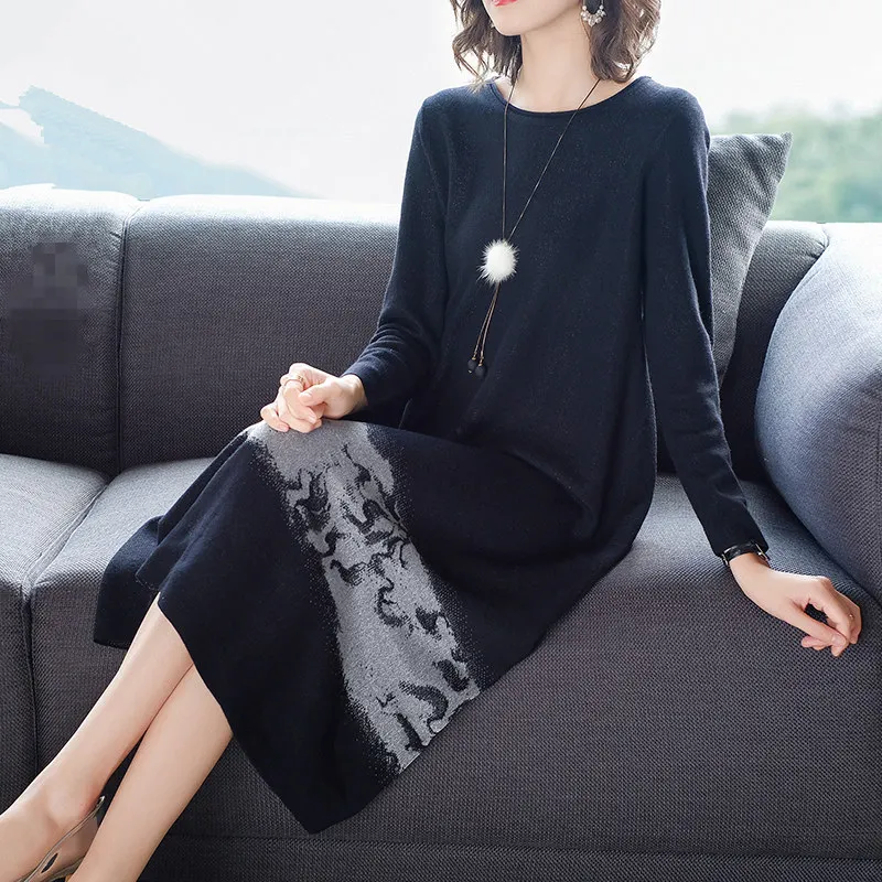 

2019 Autumn New Pattern European Will Code Jacquard Weave Long Sleeve Easy Long Fund Rendering Knitting Dress