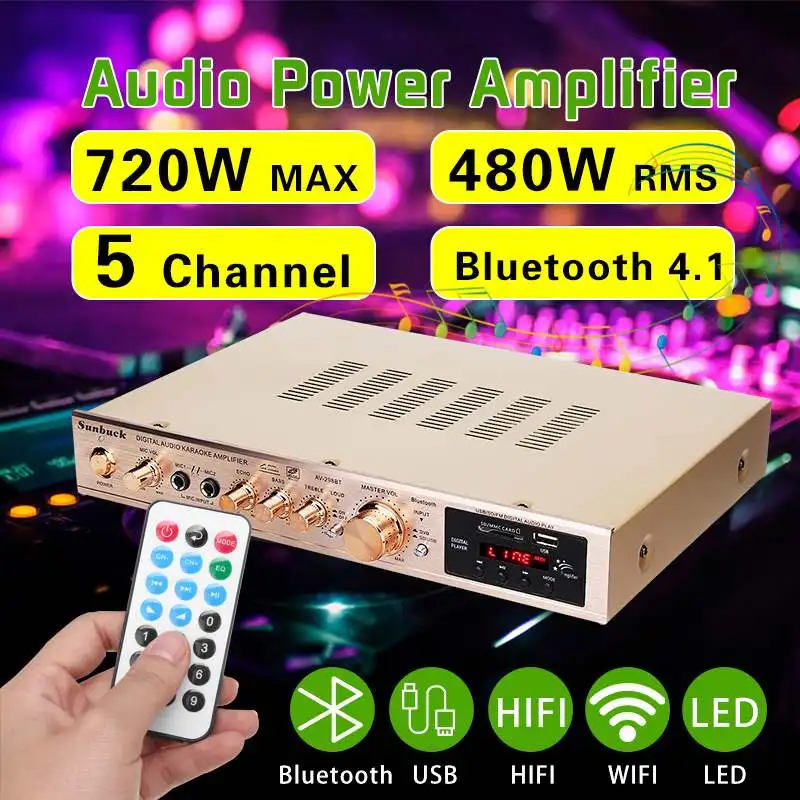 720 Вт 5 канальный домашний усилитель аудио цифровой авто AV HiFi класс усилитель мощности стерео звук FM радио плеер алюминиевый сплав