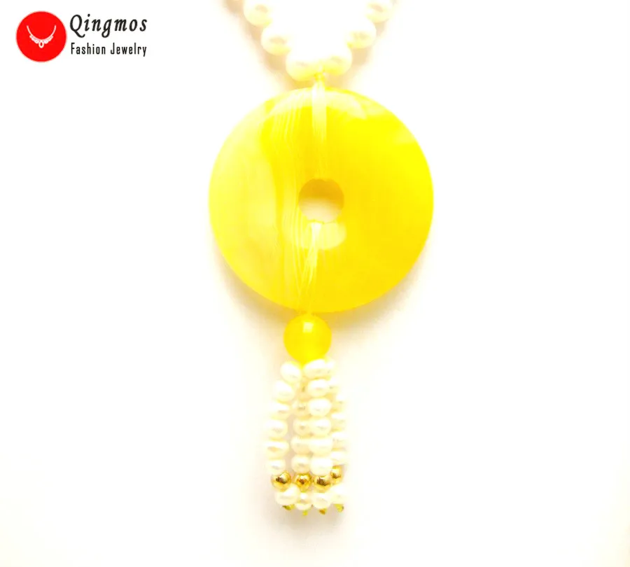 Qingmos Natural White Pearl Necklace for Women with 6-7mm Round &amp 40mm Yellow Donuts Shape Agates Pendant Jewelry | Украшения и