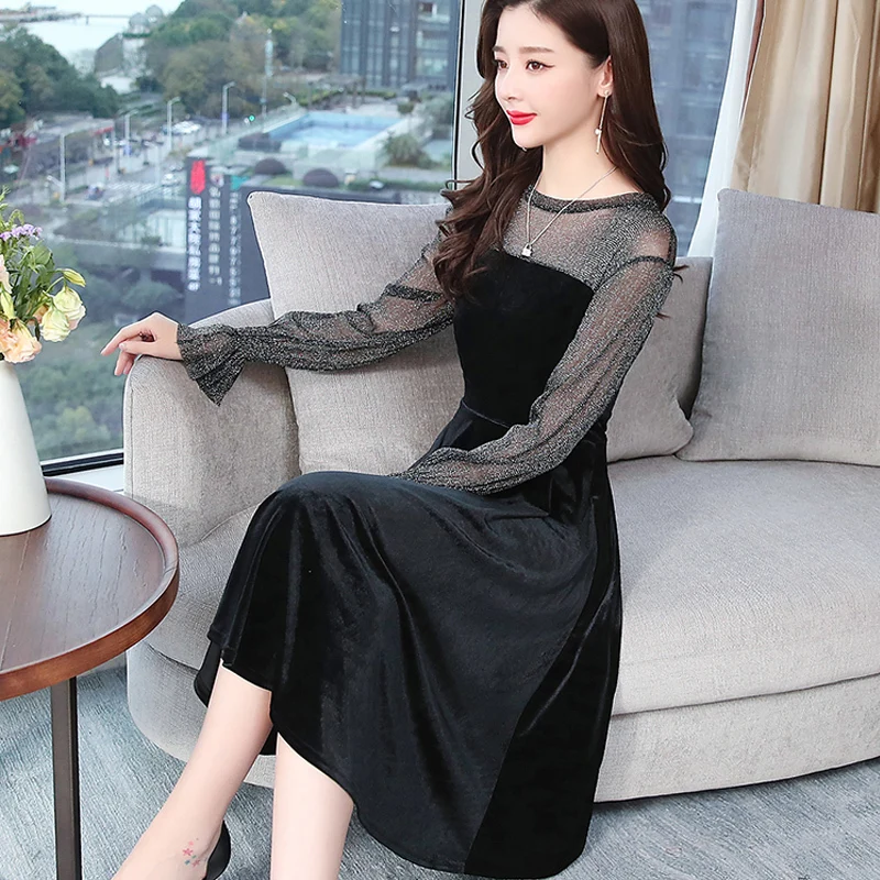 Spring Autumn Women O Neck Long Sleeve Loose Solid Vestido Casual Elegant Mesh Patchwork Party Dress Plus Size | Женская одежда