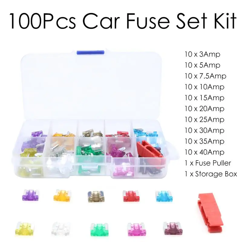 

100Pcs Assorted Car Truck Mini Low Profile Fuse Micro Blade Fuse Set Kit 3A 5A 7.5A 10A 15A 20A 25A 30A 35A 40A