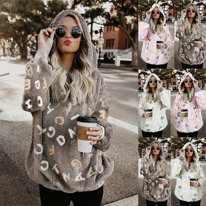 

Winter women's hooded Plush Pullover printed letter long sleeve hooded warm top