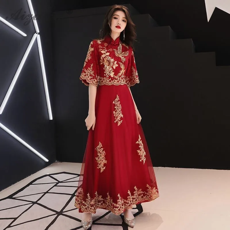 

China Lace Bride Qi Pao Chinese Wedding Dresses Oriental Traditional Style Qipao Red Long Cheongsam Party Dress Embroidery Gown