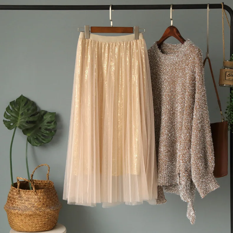 Женская юбка с блестками ALPHALMODA однотонная высокой талией и из газовой ткани на