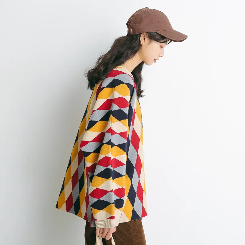 Cherry Chesse Harajuku Vintage Geometric Plaid Sweater Long Sleeve O Neck Pullovers Women Autumn Casual Knitted | Женская одежда