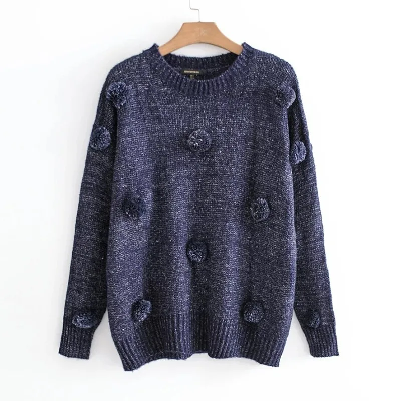 TWOTWINSTYLE Knitted Patchwork Ball Sweater For Women O Neck Long Sleeve Oversized Sweaters Female Autumn Fashion New Tide | Женская