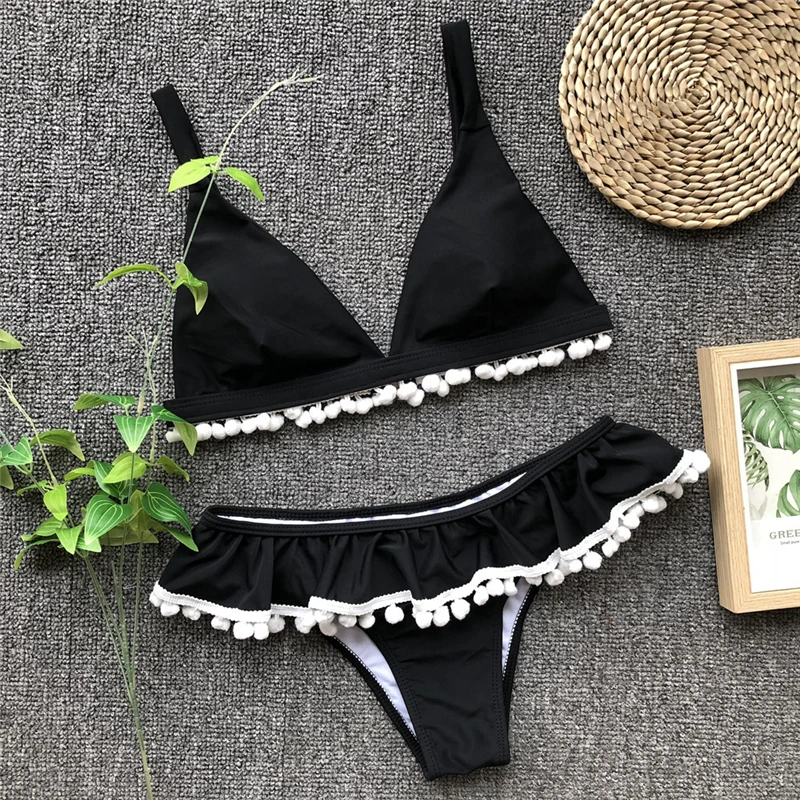 New 2019 Bikinis Summer Beachwear White Black Lace Ruffle Split Swimwear Women Push Up Swimsuits Pompom Ball Maillot De Bain |