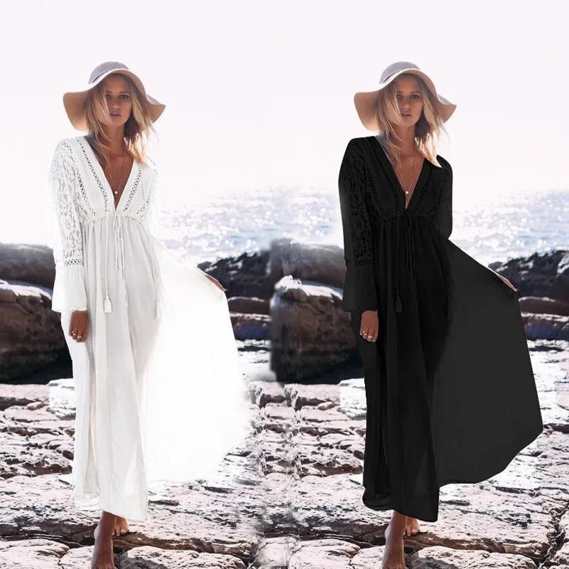 Sexy Hollow Lace Up Beach Dress Women Solid Bikini Cover V Bandage Beachwear Summer Long Sleeve Swimsuit Tunic Robe Sarong |