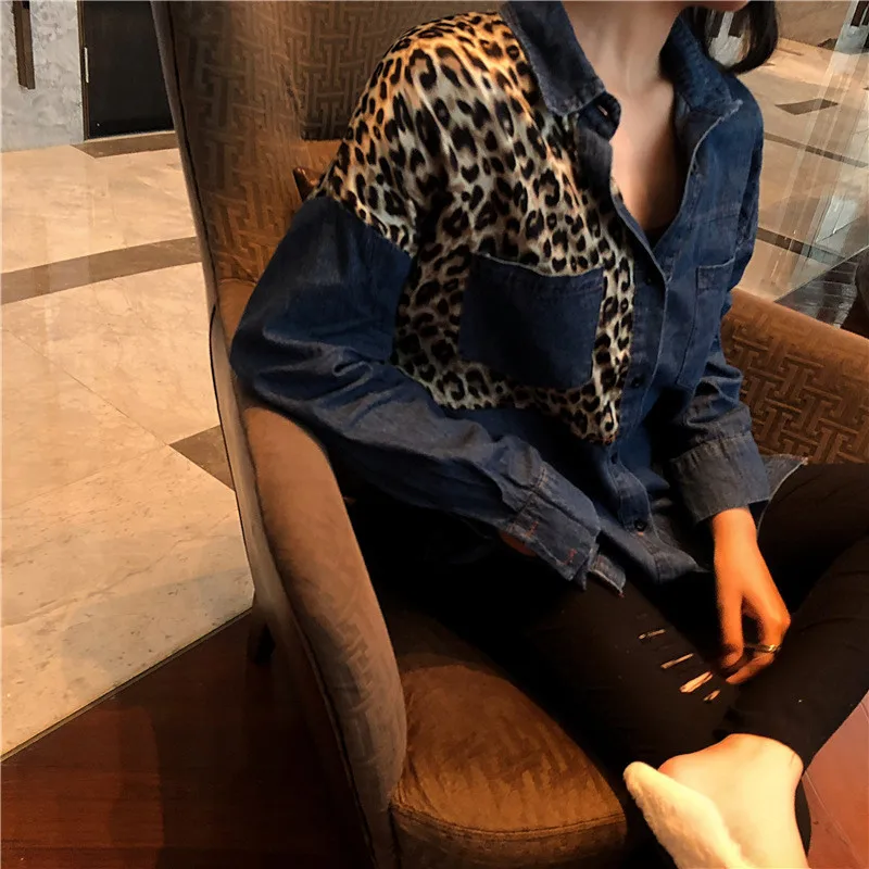 Lychee/джинсовые леопардовые лоскутные блузки для девочек Женская однобортная