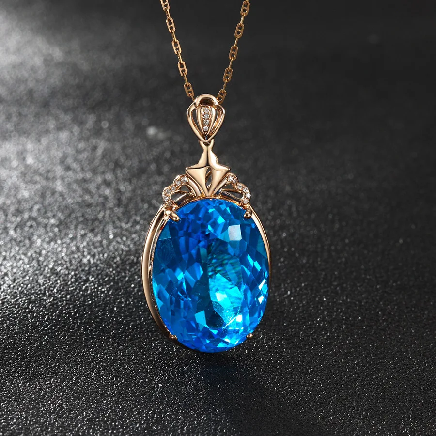 

Sea Blue Topaz Sapphire Pendants 14K Rose Golden Goose Egg-shaped Coloured Necklace for Women Chalcedony Colgante Bizuteria