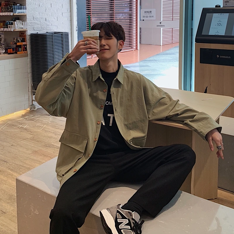 

2020 Men's Green/black/white/khaki Color Cotton shirts Work Clothes Pocket Long Sleeve Brand Coats Fashion Loose Shirts M-XL