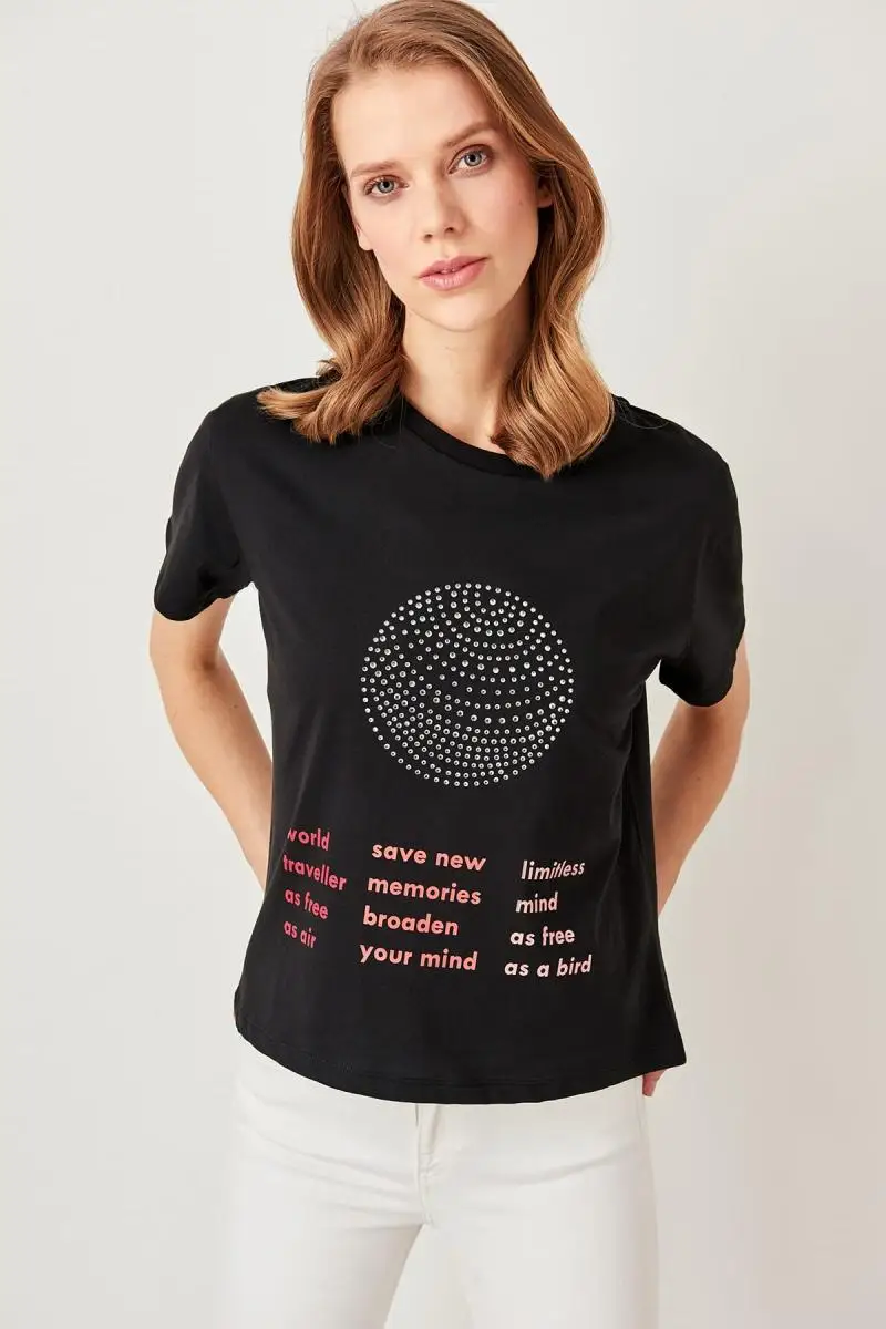 Trendyol черный камень печатных Базовые Трикотажные футболки TWOSS19TC0013 | Женская