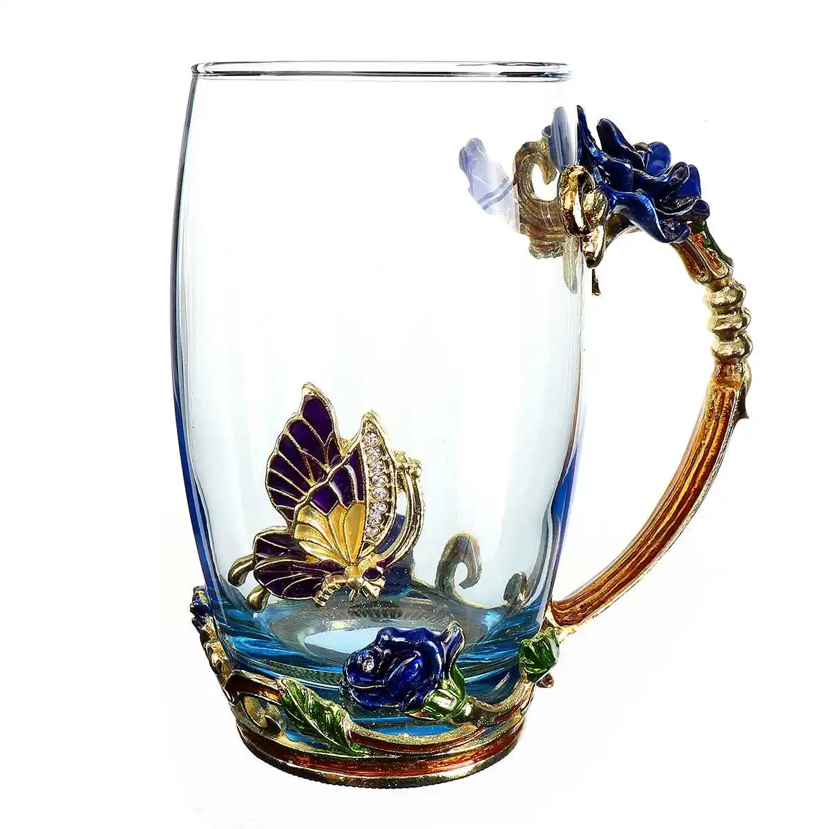 Эмалированная прозрачная стеклянная кружка для кофе и чая термостойкая с синими