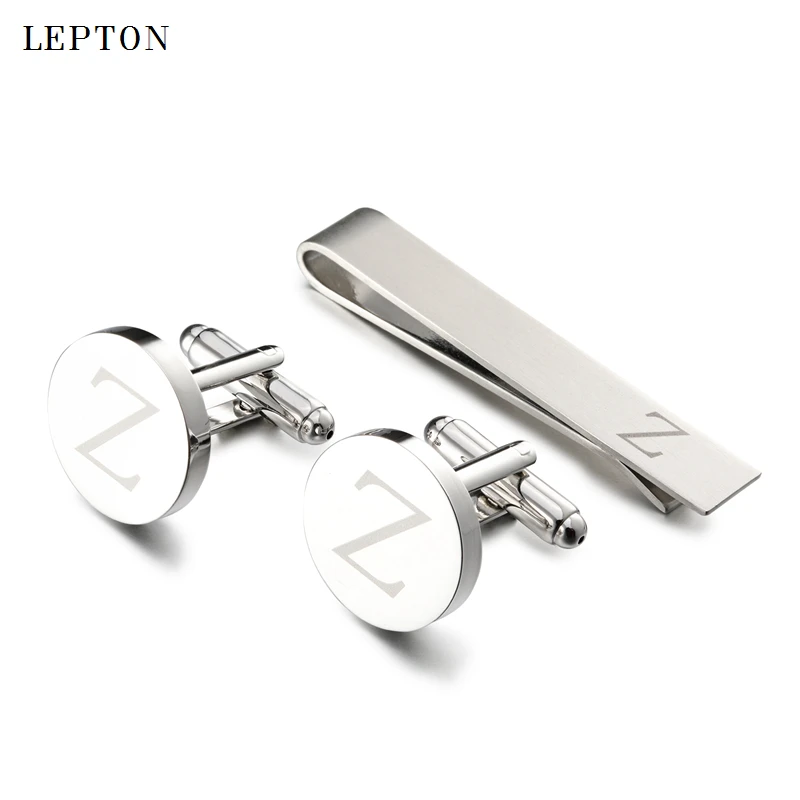 

Lepton Round Laser Letter Cufflinks And Tie Clips Set Letters Z Cuff links For Mens French Shirt Cuffs Cufflink Relojes Gemelos