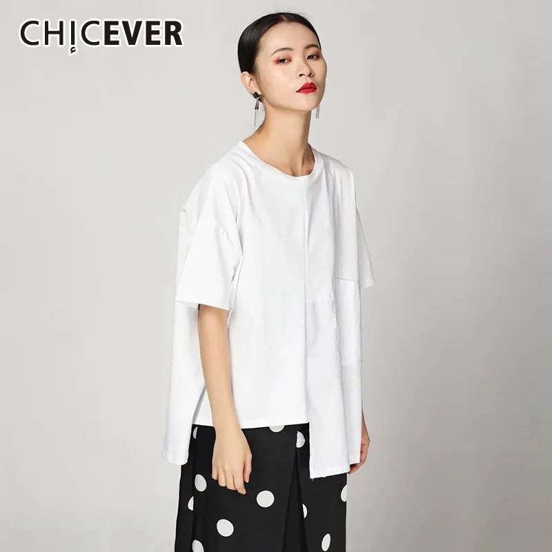 CHICEVER Весенняя Повседневная однотонная женская футболка с круглым вырезом