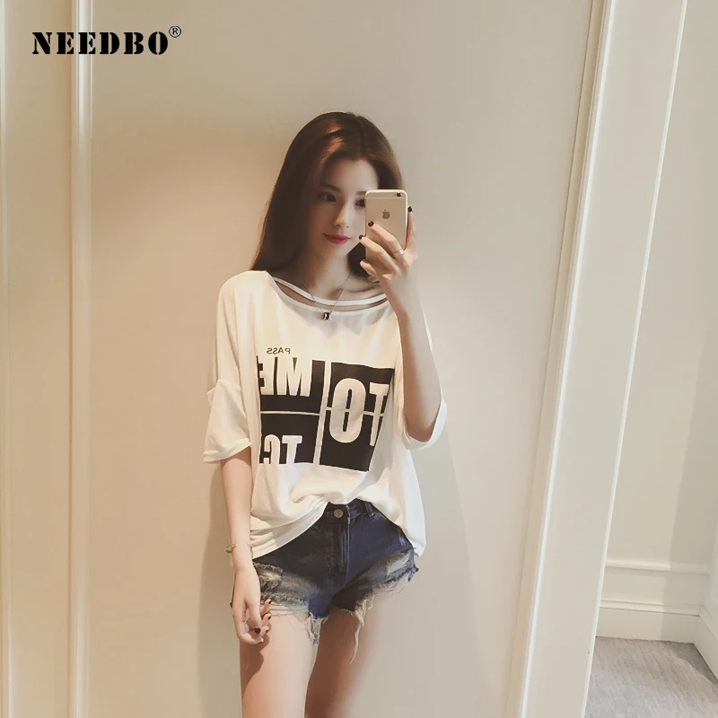 Женская футболка NEEDBO черная/белая хлопковая с коротким рукавом и вырезом
