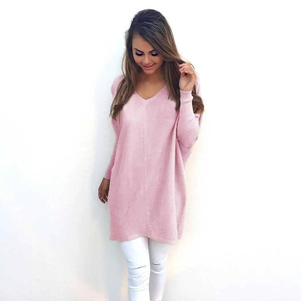 Women Fashion Casual V-neck Long Sleeve Solid Autumn Spring Loose Pullover Sweater | Женская одежда