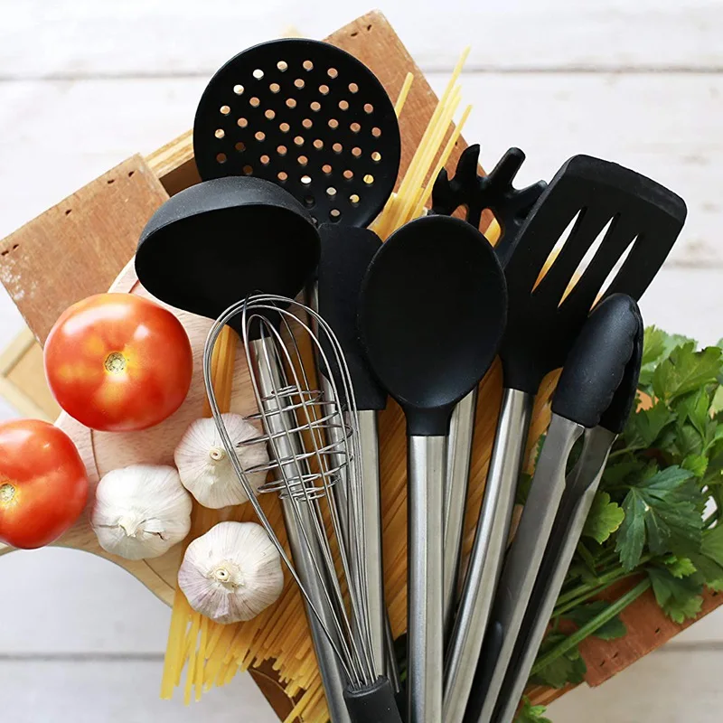 8 Piece Kitchen Utensil Set Stainless Steel and Black Silicone Modern Nonstick Utensils Cooking Tools | Дом и сад