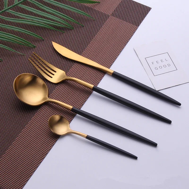 

Black Gold Cutlery Set Christmas Dinnerware Teaspoons Forks Spoons Knives 18/10 Stainless Steel Silverware Tableware Dinner Sets