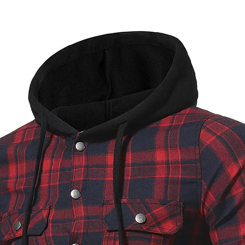 High Quality Leisure Men's Flannel Plaid Hooded Shirt Long-sleeved Double Pockets Casual Checked Pattern Red Green Navy Blue | Мужская