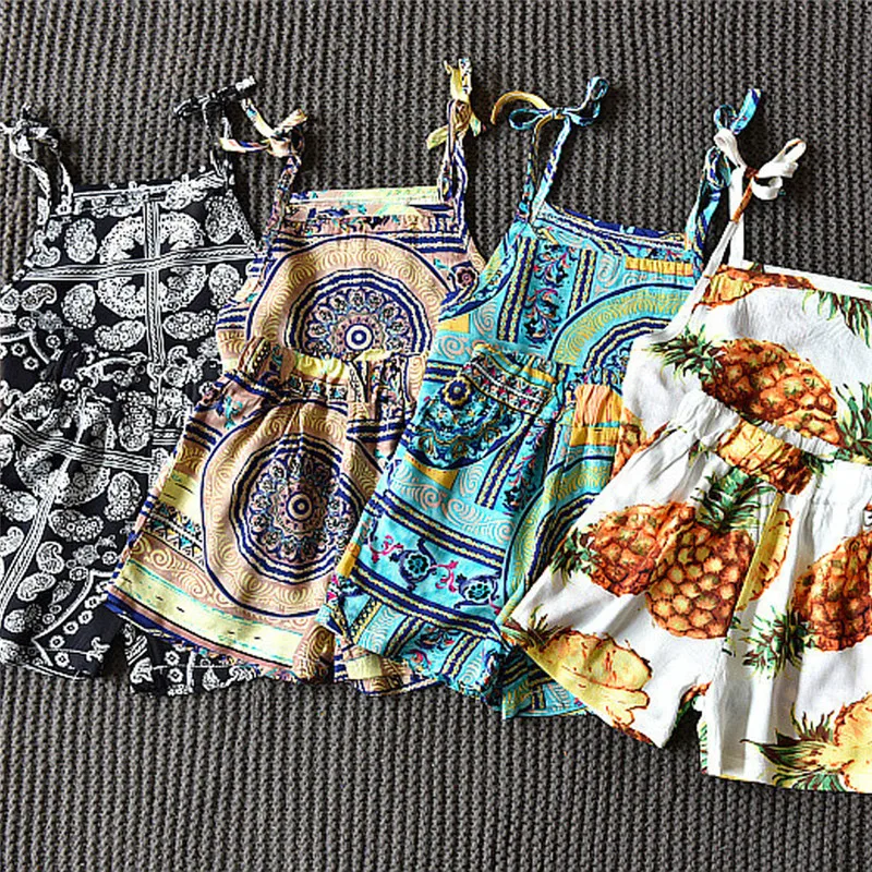 Kids Baby Girls Boho Summer Beach Clothes Sets Printed Sleeveless Strap Vest Tank Tops+Shorts+Hat 3Pcs Fashion Girl Outfits 1-6Y | Детская