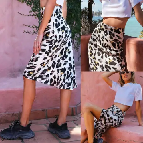Women's Leopard Knee Length Skirt Elastic High Waist Beach Cocktail Dress | Женская одежда